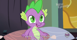 Size: 1152x607 | Tagged: safe, derpibooru import, screencap, spike, dragon, power ponies (episode), hub logo, meme, new episode, solo, youtube caption