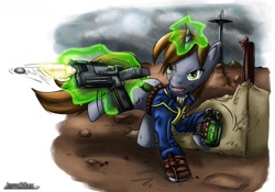 Size: 1200x838 | Tagged: safe, artist:jeffk38uk, derpibooru import, oc, oc only, oc:littlepip, pony, unicorn, fallout equestria, bullet, clothes, cutie mark, fanfic, fanfic art, female, glowing horn, gun, handgun, hooves, horn, levitation, magic, mare, open mouth, pipbuck, pistol, shooting, solo, teeth, telekinesis, vault suit, wasteland, weapon