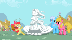 Size: 969x545 | Tagged: safe, derpibooru import, screencap, apple bloom, cherry berry, linky, shoeshine, the cutie pox, loop-de-hoop, mallet, plate spinning, ponyville, shell, statue