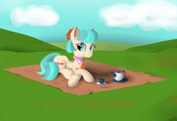 Size: 3500x2392 | Tagged: safe, artist:thealmightydove, derpibooru import, coco pommel, picnic blanket, solo, teacup, teapot