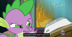 Size: 1600x830 | Tagged: safe, derpibooru import, screencap, spike, dragon, power ponies (episode), comic book, insurance, meme, solo, youtube caption