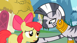 Size: 969x545 | Tagged: safe, derpibooru import, screencap, apple bloom, zecora, earth pony, pony, zebra, the cutie pox, duo, ear piercing, earring, female, filly, hoof on cheek, jewelry, leg rings, mare, neck rings, out of context, piercing