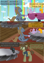 Size: 686x984 | Tagged: safe, derpibooru import, peewee, oc, earth pony, phoenix, pony, dethklop, phoenix chick, tea party