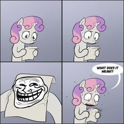 Size: 700x700 | Tagged: safe, sweetie belle, pony, unicorn, bipedal, comic, dialogue, exploitable meme, female, filly, gradient background, hoof hold, horn, letter, meme, paper, solo, speech bubble, sweetie's note meme, trollface, two toned hair, two toned mane, white coat