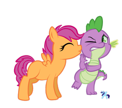 Size: 900x800 | Tagged: dead source, safe, artist:sugguk, derpibooru import, scootaloo, spike, dragon, female, kissing, male, scootaspike, shipping, simple background, straight, transparent background