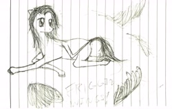 Size: 5633x3576 | Tagged: safe, artist:ponescribbles, pegasus, pony, anatomically incorrect, blank flank, generic pony, incorrect leg anatomy, lined paper, prone, sketch, solo, traditional art, wings