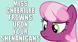 Size: 975x525 | Tagged: safe, edit, edited screencap, screencap, cheerilee, the cutie pox, caption, frown, image macro, reaction image, shenanigans, solo