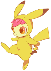 Size: 451x622 | Tagged: safe, artist:ya-a, derpibooru import, apple bloom, pikachu, ikue otani, pikabloom, pokémon, simple background, solo, transparent background, voice actor joke