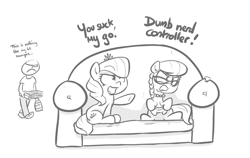 Size: 1032x652 | Tagged: safe, artist:shoutingisfun, diamond tiara, silver spoon, oc, oc:anon, earth pony, human, pony, anon's couch, bad end, bebsi, clothes, dialogue, female, filly, foaldom, food, grayscale, human male, jewelry, male, monochrome, necklace, open mouth, pearl necklace, pizza, sofa, unsexy slavery, video game