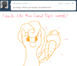 Size: 1274x1096 | Tagged: safe, artist:cythocalypse, derpibooru import, carrot top, golden harvest, ask mrs cake, carrot, solo, tumblr