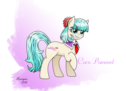 Size: 6353x4563 | Tagged: safe, artist:baroquedavid, derpibooru import, coco pommel, pony, rarity takes manehattan, absurd resolution, blushing, female, mare, raised hoof, smiling, solo