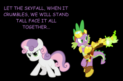 Size: 2445x1610 | Tagged: safe, derpibooru import, spike, sweetie belle, dragon, adele, armor, female, james bond, male, shipping, skyfall, song reference, spikebelle, straight