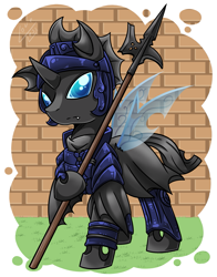 Size: 1567x2000 | Tagged: safe, artist:vavacung, oc, oc:captain black lotus, changeling, armor, clothes, guard, halberd, helmet, male, solo