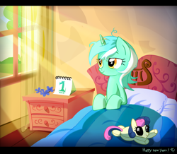 Size: 1000x870 | Tagged: artist needed, safe, derpibooru import, bon bon, lyra heartstrings, sweetie drops, ask-lyra-kor, bed, calendar, doll, happy new year, morning, morning ponies