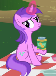 Size: 311x415 | Tagged: safe, derpibooru import, screencap, amethyst star, sparkler, pony, unicorn, the mysterious mare do well, amethyst star is not amused, background pony, dexterous hooves, female, glowing horn, holding, horn, jar, magic, mare, peanut butter, solo, that pony sure loves peanut butter