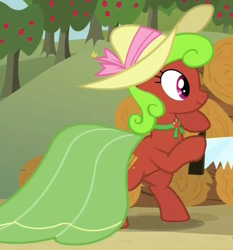 Size: 653x701 | Tagged: safe, derpibooru import, screencap, earth pony, pony, apple family reunion, apple bottom, apple family member, background pony, bipedal, clothes, cropped, dress, female, hat, logs, mare, saw, skirt, solo
