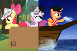 Size: 4800x3200 | Tagged: safe, artist:zaponator, derpibooru import, apple bloom, scootaloo, sweetie belle, absurd resolution, cutie mark crusaders, eyepatch, grin, hat, imagination, leaning, pirate, pirate hat, scar, smirk