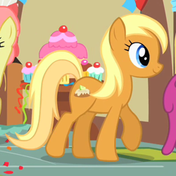 Size: 390x390 | Tagged: safe, derpibooru import, screencap, apple cobbler, berry punch, berryshine, gala appleby, earth pony, pony, a bird in the hoof, apple family member, background pony, cropped, female, mare, smiling, solo focus, walking