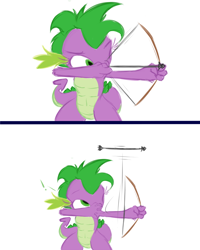 Size: 704x880 | Tagged: safe, artist:frist44, barb, spike, dragon, archery, arrow, bow (weapon), bow and arrow, cartoon physics, fail, failure, rule 63, wat