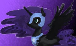 Size: 1417x850 | Tagged: safe, artist:katieunicorn, derpibooru import, nightmare moon, alicorn, pony, black coat, female, gradient background, green eyes, horn, mare, solo, spread wings, wings