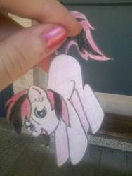 Size: 720x960 | Tagged: safe, artist:partylikeanartist, oc, oc only, oc:sugar rush, hand, hanging, paper child, paper pony, papercraft, photo, solo, traditional art