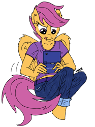 Size: 2710x3630 | Tagged: safe, artist:greenlinzerd, scootaloo, anthro, unguligrade anthro, :p, clothes, collarbone, dsi, nintendo, older, simple background, solo, transparent background