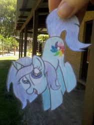 Size: 720x960 | Tagged: safe, artist:partylikeanartist, oc, oc only, oc:zinly, pony, unicorn, hand, hanging, paper child, paper pony, papercraft, photo, solo, traditional art