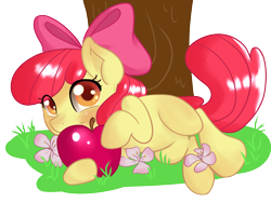 Size: 1600x1200 | Tagged: safe, artist:annakitsun3, apple bloom, earth pony, pony, adorabloom, apple, cute, female, filly, flower, foal, grass, looking at you, lying down, lying on the ground, on side, smiling, smiling at you, solo, tree