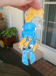 Size: 510x700 | Tagged: safe, artist:partylikeanartist, oc, oc only, oc:sugar rush, pony, unicorn, hand, hanging, paper child, paper pony, papercraft, photo, solo, traditional art