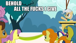 Size: 1280x720 | Tagged: safe, derpibooru import, edit, edited screencap, screencap, bon bon, caramel, carrot top, golden harvest, lemon hearts, mayor mare, parasol, sweetie drops, the last roundup, behold, dialogue, image macro, meme, no fucks, vulgar