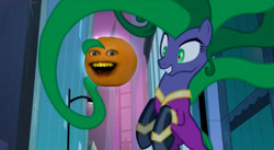 Size: 848x466 | Tagged: safe, derpibooru import, mane-iac, power ponies (episode), annoying orange, electro orb meme, meme