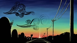 Size: 1366x768 | Tagged: safe, artist:yalcahoon, derpibooru import, oc, oc only, earth pony, pony, backlighting, canterlot, power line, railroad, silhouette, solo, sunset, twilight (astronomy)