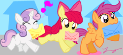 Size: 1354x605 | Tagged: safe, artist:heartinarosebud, apple bloom, scootaloo, sweetie belle, cutie mark crusaders, mouth hold