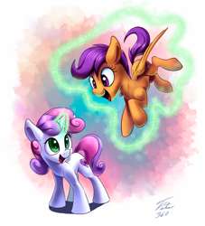 Size: 900x991 | Tagged: safe, artist:tsitra360, scootaloo, sweetie belle, pegasus, pony, unicorn, crusaders of the lost mark, commission, cute, cutealoo, cutie mark, diasweetes, female, filly, levitation, magic, open mouth, scootaloo can fly, sweetie belle's magic brings a great big smile, telekinesis, the cmc's cutie marks