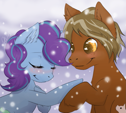 Size: 833x743 | Tagged: safe, artist:e-pon, derpibooru import, oc, oc only, oc:shamble, oc:stalwart spry, pony, bipedal, blushing, eyes closed, fluffy, holding hooves, smiling, snow, snowfall