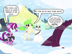 Size: 1280x960 | Tagged: safe, artist:violetclm, derpibooru import, cherry crash, mystery mint, pony, equestria girls, background human, carrot, clothes, dialogue, earmuffs, equestria girls ponified, kiss (band), ponified, scarf, shimmer six, snow, snowman, speech bubble