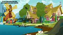 Size: 1366x768 | Tagged: safe, derpibooru import, hondo flanks, pig, fishing, observation, question, watermill, windmill