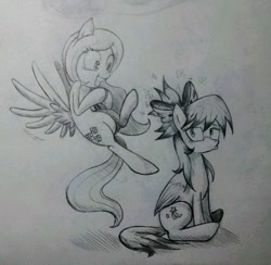 Size: 913x890 | Tagged: safe, artist:discommunicator, derpibooru import, cloudchaser, flitter, pegasus, pony, accessory swap, bow, duckface, monochrome, traditional art