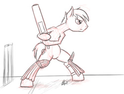 Size: 800x611 | Tagged: safe, artist:bingodingo, derpibooru import, bat pony, pony, bipedal, cricket (sport), cricket bat, pun, sketch, solo