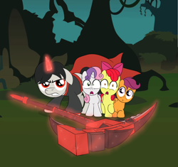 Size: 900x847 | Tagged: safe, artist:drawponies, derpibooru import, apple bloom, scootaloo, sweetie belle, crescent rose, cutie mark crusaders, ponified, ruby rose, rwby, weapon