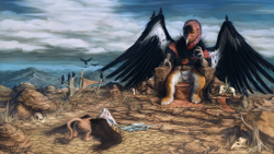 Size: 1920x1080 | Tagged: safe, artist:assasinmonkey, oc, oc only, griffon, hybrid, bone, bowing, condor, detailed, duo, first contact war, gryphon conduit, sitting, skull, spread wings, throne, vulture, vulture griffon, wings
