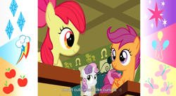 Size: 1600x870 | Tagged: safe, derpibooru import, screencap, apple bloom, scootaloo, sweetie belle, ponyville confidential, cunard, cutie mark, cutie mark crusaders, literal shipping, meme, wrong aspect ratio, youtube, youtube caption