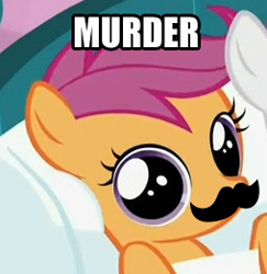 Size: 254x261 | Tagged: safe, derpibooru import, edit, edited screencap, screencap, scootaloo, pegasus, female, filly, image macro, meme, moustache, moustache edit, murder, one word, solo, text