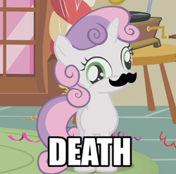 Size: 550x544 | Tagged: safe, derpibooru import, sweetie belle, meme, moustache, moustache edit, solo