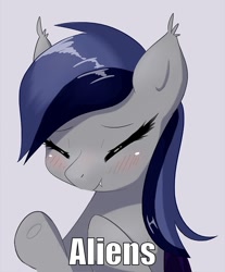 Size: 662x800 | Tagged: safe, artist:aymint, edit, oc, alien, bat pony, pony, ancient aliens, blushing, cute, ear fluff, ear tufts, eyes closed, fangs, giorgio a. tsoukalos, gray background, image macro, meme, ocbetes, simple background, smiling, solo, underhoof