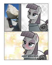 Size: 664x833 | Tagged: safe, artist:pencils, edit, maud pie, earth pony, pony, blushing, comic, exploitable meme, heavy breathing, lacma, levitated mass, maud spies something hard, meme, photo, rock, solo