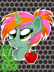 Size: 600x800 | Tagged: safe, artist:ilikepudding24, oc, oc only, pony, unicorn, apple, filly, freckles, magic, offspring, parent:babs seed, parent:snips, parents:bips, scissors, solo