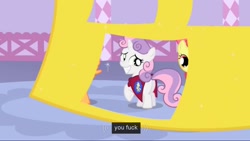 Size: 1023x576 | Tagged: safe, derpibooru import, screencap, apple bloom, scootaloo, sweetie belle, earth pony, pony, unicorn, stare master, cutie mark crusaders, female, filly, grin, looking at you, looking back, meme, nervous, raised hoof, smiling, solo focus, squee, underhoof, vulgar, youtube caption