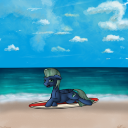 Size: 1000x1000 | Tagged: safe, artist:nick, derpibooru import, oc, oc only, oc:sea breeze, beach, solo, surfboard