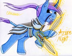 Size: 1015x787 | Tagged: safe, artist:the1king, oc, oc only, oc:azure night, pony, unicorn, armor, guard, solo, sword